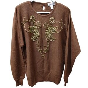 Vintage Raoul Sweater Brown Beaded Embellished Crew Neck Long Sleeve Womens L